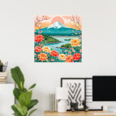 Besneeuwde berg Serene meer Bloem Poster (Thuiskantoor)