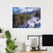 Besneeuwde bergbos muurkunst | Winter Sierra Poster (Thuiskantoor)