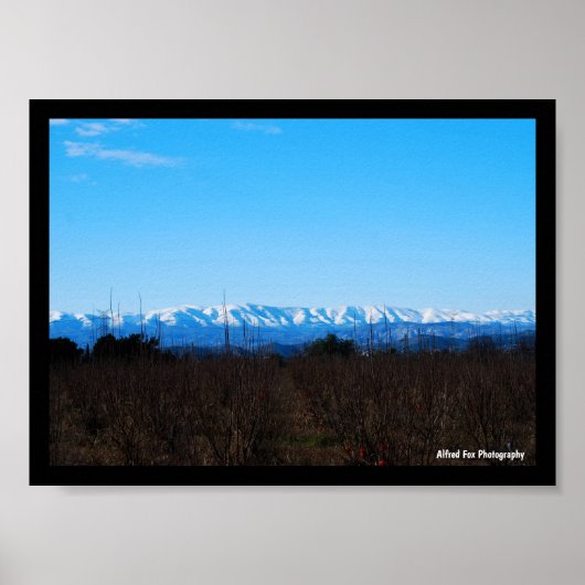 Besneeuwde bergen achter kaki veld poster (Voorkant)