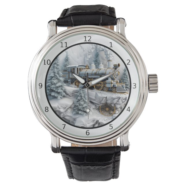 Besneeuwde bergen met stoomtrein AI-kunst Horloge (Voorkant)
