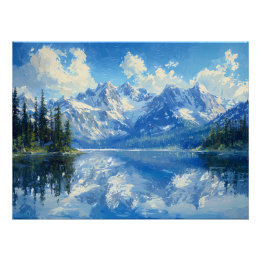 Besneeuwde bergketen met kristalhelder Alpenmeer Perfect Poster