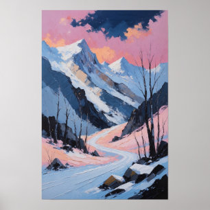 Besneeuwde bergweg winterlandschap schilderij poster