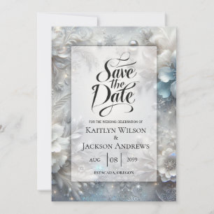 Besneeuwde Bloemblaadjes in Bevroren Bloei Trouwda Save The Date