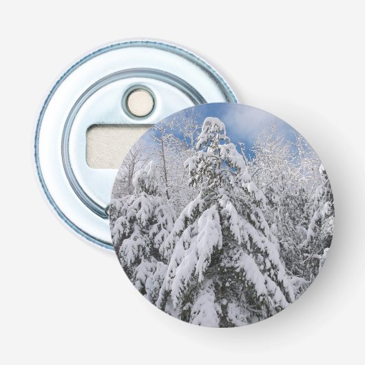 Besneeuwde Bomen Button Flesopener (Voorkant)