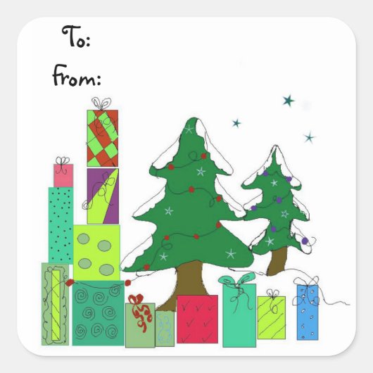 Besneeuwde bomen en cadeaus vierkante sticker (Voorkant)