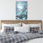 Besneeuwde bomen over overdekt bruggenlandschap canvas afdruk (Insitu (Slaapkamer))