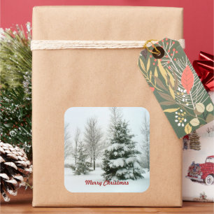 Besneeuwde bomen, prettig kerstfeest, vierkante sticker