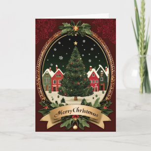 Besneeuwde Boom & Knus Dorp Ovaal Kerstmis Kaart