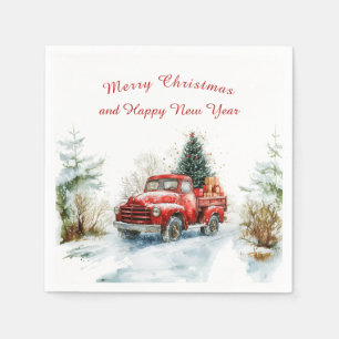 Besneeuwde bos rode kersttruck  servet