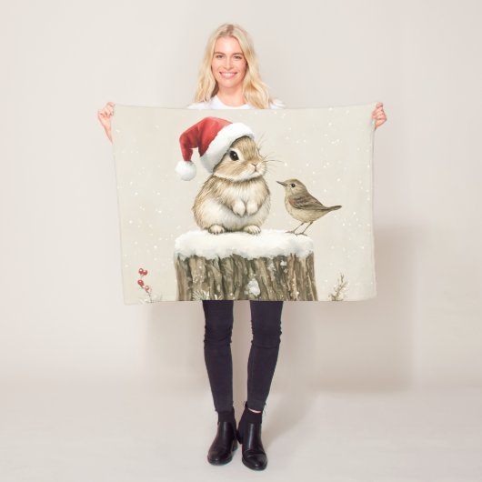 Besneeuwde bos winter bos kerst konijn vogel fleece deken (In situ)