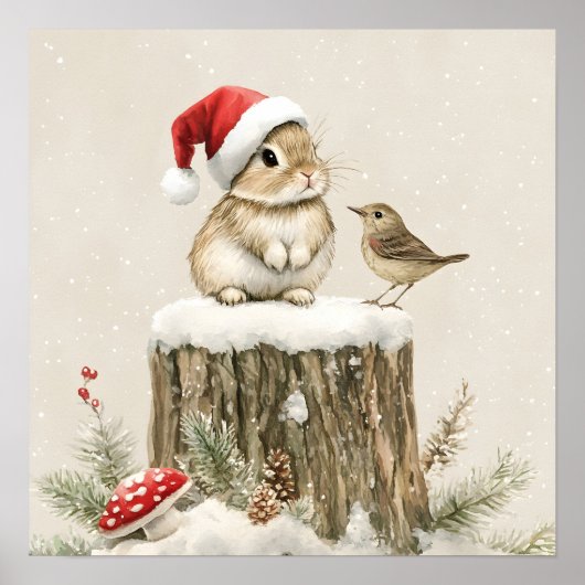 Besneeuwde bos winter bos kerst konijn vogel  poster (Voorkant)