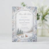 Besneeuwde bosvrienden save the date (Staand voorkant)