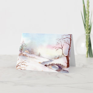 Besneeuwde Brug Aquarel Landschapsschilderij Feestdagen Kaart