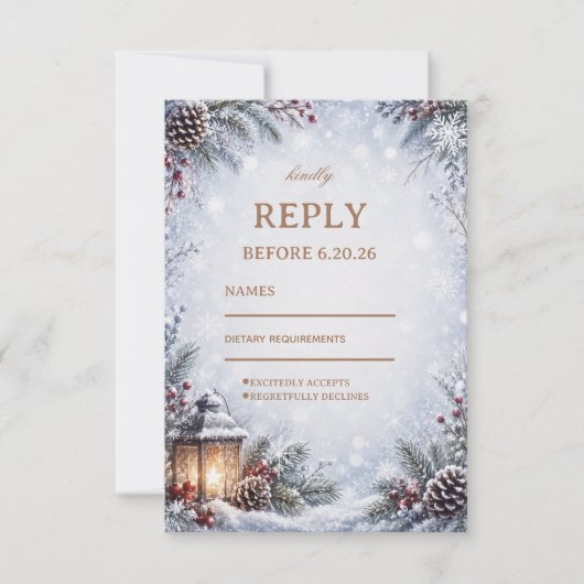 Besneeuwde Denneappel Winterviering RSVP Kaartje (Voorkant)