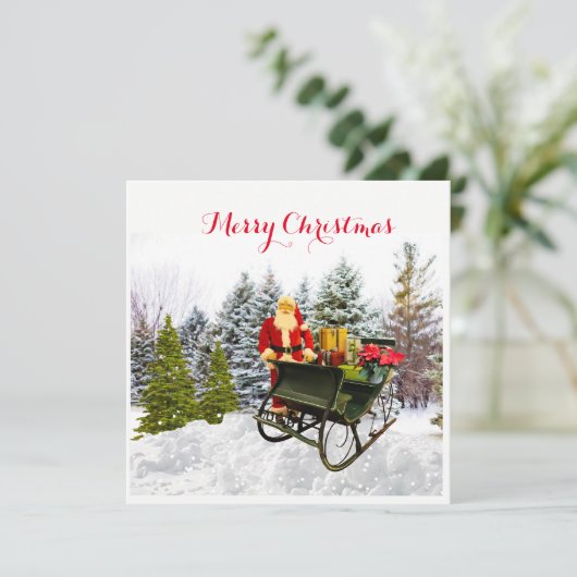 Besneeuwde dennen en kerstman Kerstmis plat karret (Staand voorkant)