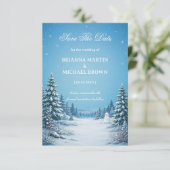 Besneeuwde dennen onder kristal save the date (Staand voorkant)