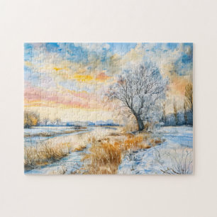 Besneeuwde Havelrivier met wilgenboom. Waterverf Legpuzzel