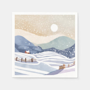 Besneeuwde Heuvelhelling   Waterverf Winter Servet