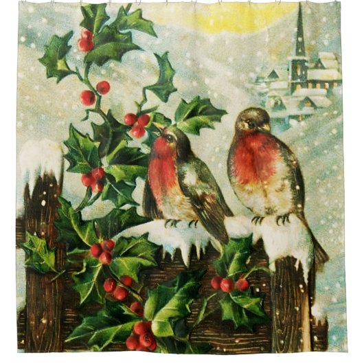   besneeuwde Holly en vogels Douchegordijn (Voorkant)