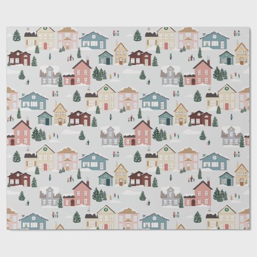 Besneeuwde huizen cadeaupapier (Vlak)