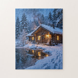 Besneeuwde hut in de bossen legpuzzel