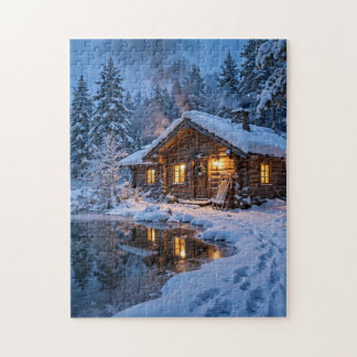 Besneeuwde hut in de bossen legpuzzel