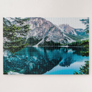 Besneeuwde Italiaanse bergmeer landschaps legpuzze Legpuzzel