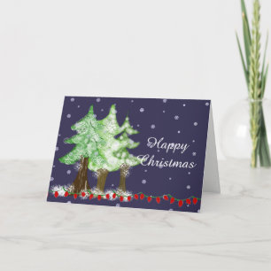 Besneeuwde kerstbomen op een sneeuwige nacht feestdagen kaart