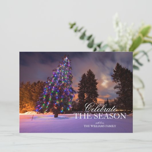 Besneeuwde Kerstboom met Lichten bij Dusk Kaart (Staand voorkant)