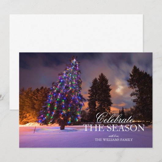 Besneeuwde Kerstboom met Lichten bij Dusk Kaart (Voorkant / Achterkant)