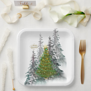 Besneeuwde Kerstboom papieren borden Bordje