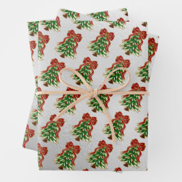 Besneeuwde Kerstboom & Strik Zilver Inpakpapier Vel
