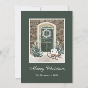 Besneeuwde Kerstdeur Donkergroen Feestdagenkaart
