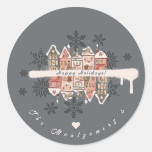Besneeuwde Kersthuizen Sneeuwvlokken Grijs Ronde Sticker