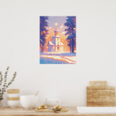 Besneeuwde Kerstmis Kerk Scene Poster (Keuken)