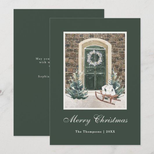 Besneeuwde Kerstmisdeur Donkergroen Feestdagenkaart (Voorkant / Achterkant)