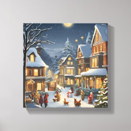 Besneeuwde Kerststad Canvas Afdruk