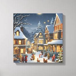 Besneeuwde Kerststad Canvas Afdruk