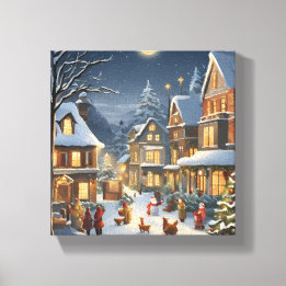 Besneeuwde Kerststad Canvas Afdruk