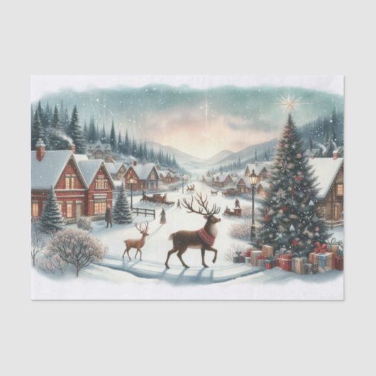 Besneeuwde Kerststad met Herten Tissuepapier (Voorkant)
