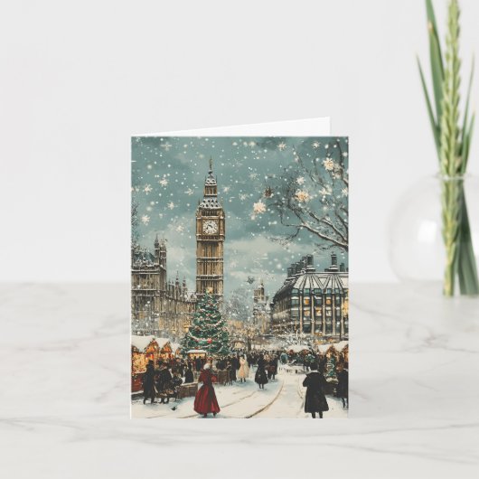 Besneeuwde Londense Kerstscène Kaart (Voorkant)