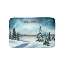 Besneeuwde pijnbomen bij een meer 