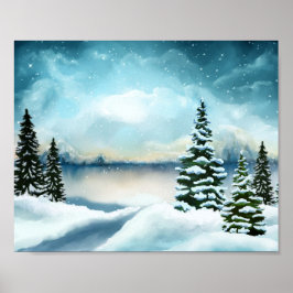 Besneeuwde pijnbomen bij een meer poster