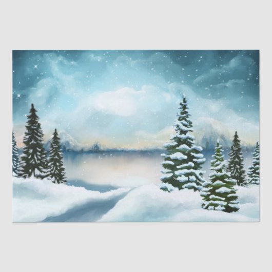 Besneeuwde pijnbomen bij een meer tissuepapier (Voorkant)
