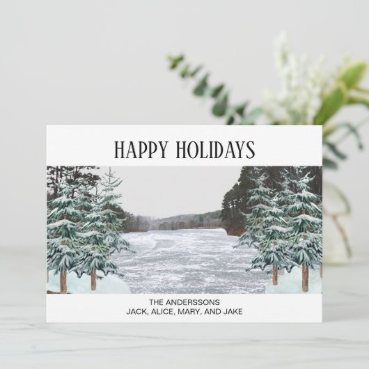 Besneeuwde pijnbomen Ijsmeer Happy Holidays Feestdagenkaart (Staand voorkant)
