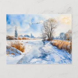 Besneeuwde rivieroever in Winter Havelland Aquarel Briefkaart
