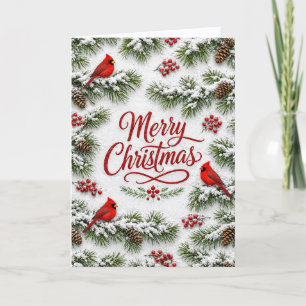Besneeuwde Rode Kardinaal Groene Kerstmis Kaart