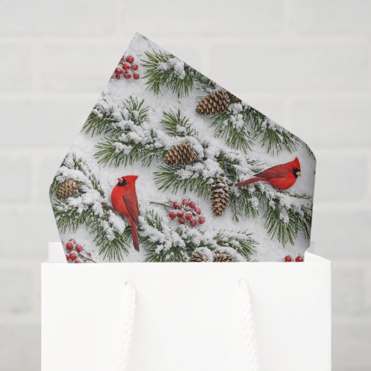 Besneeuwde Rode Kardinaal Groene Winter Tissuepapier (Cadeauzakje)