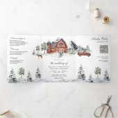 Besneeuwde rode schuur winter kerst QR-code bruilo Drieluik Uitnodiging (Binnen)