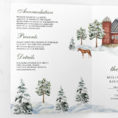 Besneeuwde rode schuur winter kerst QR-code bruilo Drieluik Uitnodiging (Binnenzijde eerst)